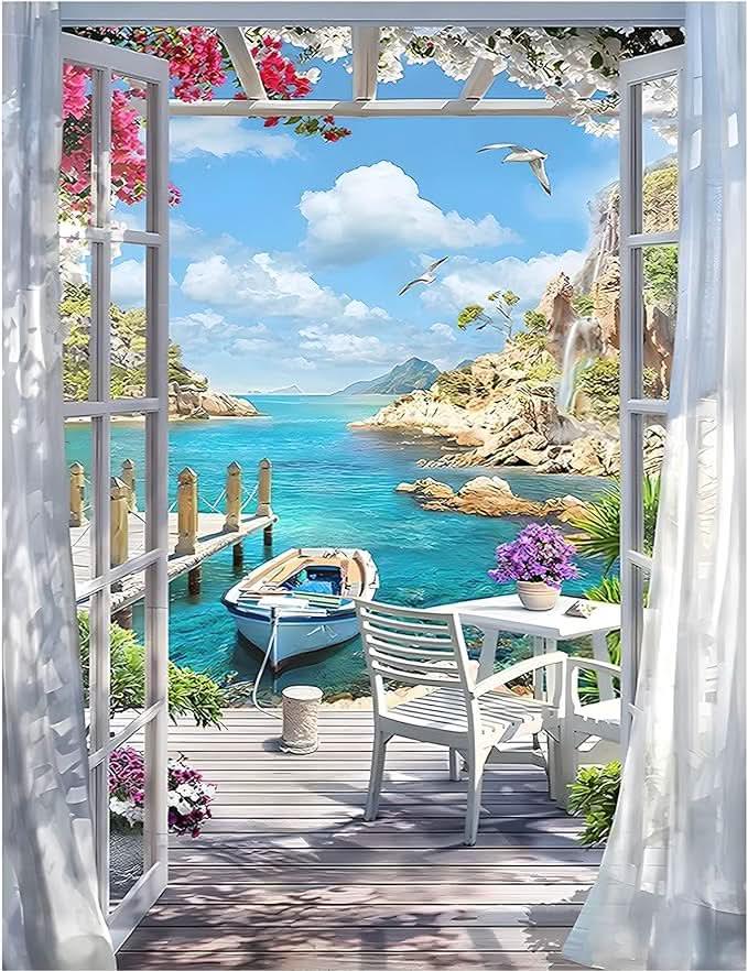 5D Diamond Painting Kit - Seaside Boat - Diamond Canvas