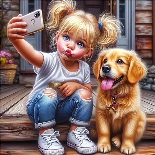 Cute Girl and Dog - Diamond Canvas