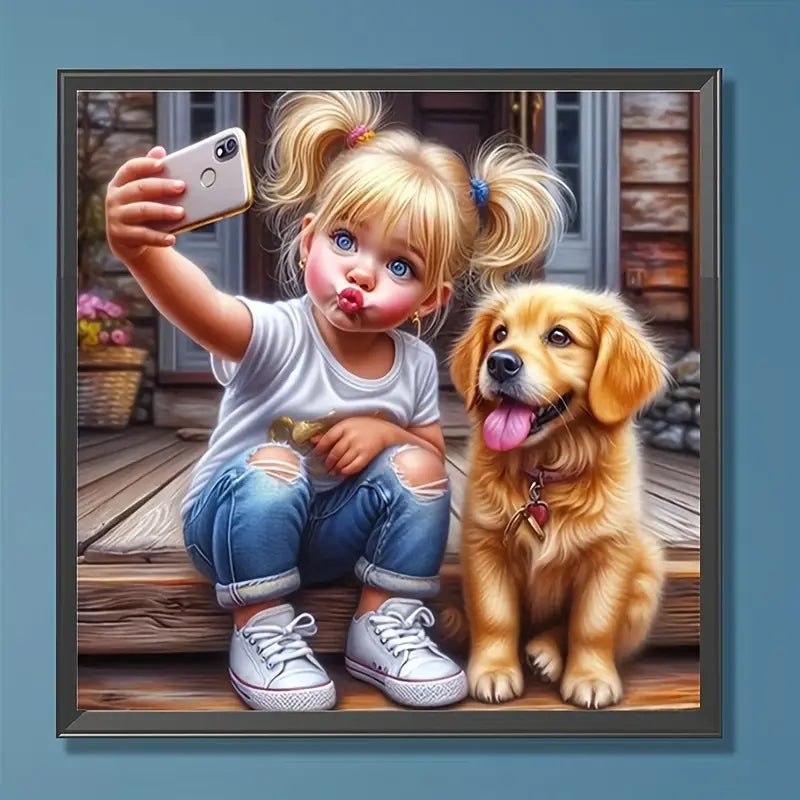 Cute Girl and Dog - Diamond Canvas