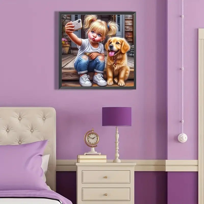 Cute Girl and Dog - Diamond Canvas