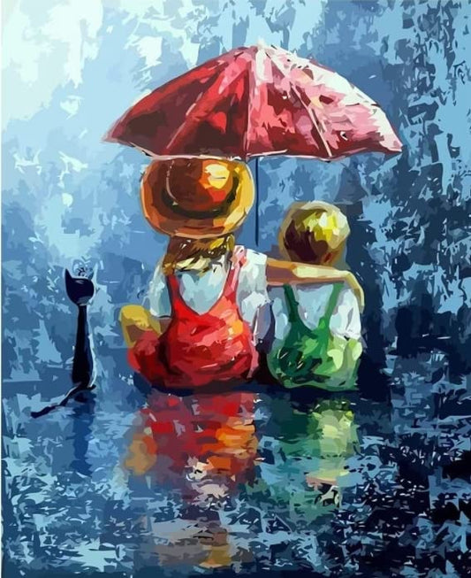 Family Under Umbrella - Diamond Canvas